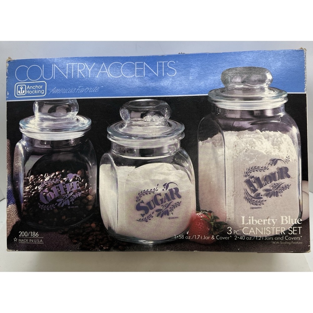 VTG  Anchor Hocking Clear Glass Canister Set Liberty Blue Flour Sugar Coffee Tea